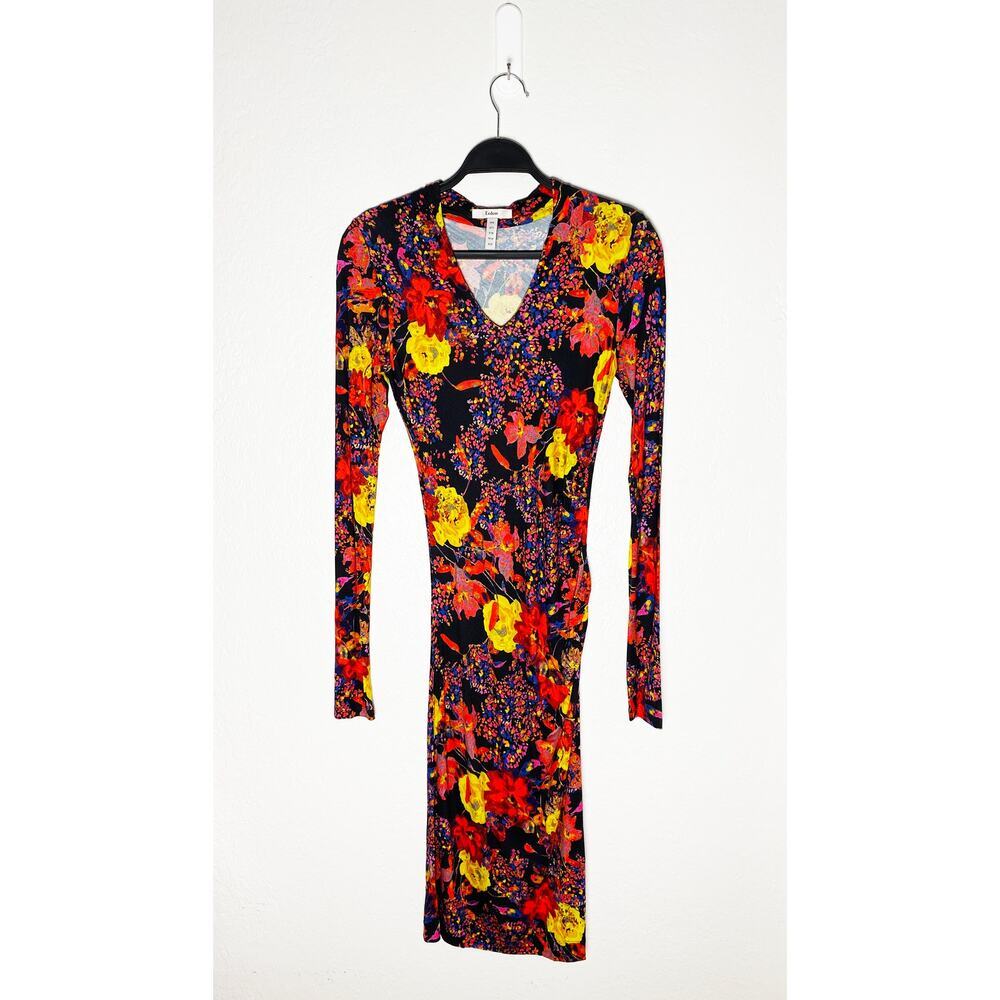 Erdem Women's Colorful Floral Jersey Long‎ Sleeve Midi Dress Side Ruching V Neck